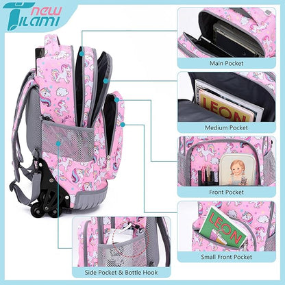 NEW TILAMI 18 Inch Rolling Backpack with Wheels for Girls Boys Kids Laptop Backpack School Travel, Pink Unicorn