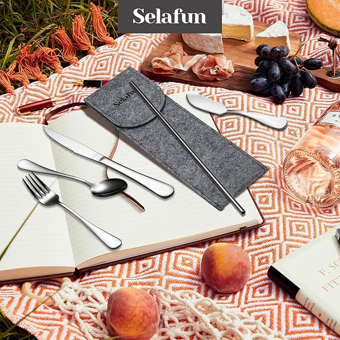 Travel Utensils with Case, Portable Travel Silverware Set Stainless Steel Lunch Box Cutlery Set for Work, Camping, Picnic, Hiking, Office (Silver)