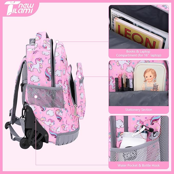 NEW TILAMI Rolling Backpack 16 Inch Wheeled Laptop Backpack with Wheels for Girls Boys School, Cute Unicorn