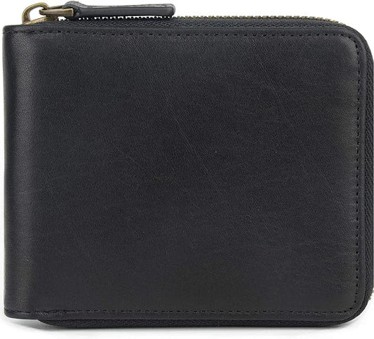Genuine Leather Zipper Wallet With Coin Pocket, RFID Blocking Zip Around Front Pocket Bifold Wallet, Gift for Men