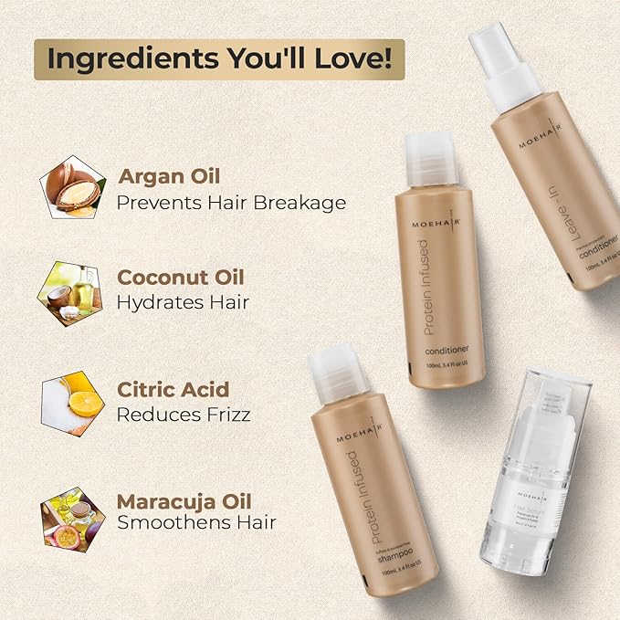 MOEHAIR Travel Kit (Protein Shampoo, Conditioner, Leave-In Conditioner & Hair Serum), Sulfate & Paraben Free | Suitable for All Hair Types