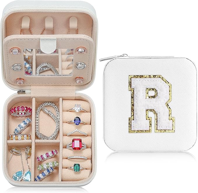 Parima Small Jewelry Box for Girls, Initial Jewelry Boxes for Girls | Small Jewelry Organizer | Travel Jewelry Case -Initial R-White