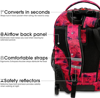J World Sundance Laptop Rolling Backpack for Girls Boys. Roller Bookbag with Wheels, Bellis