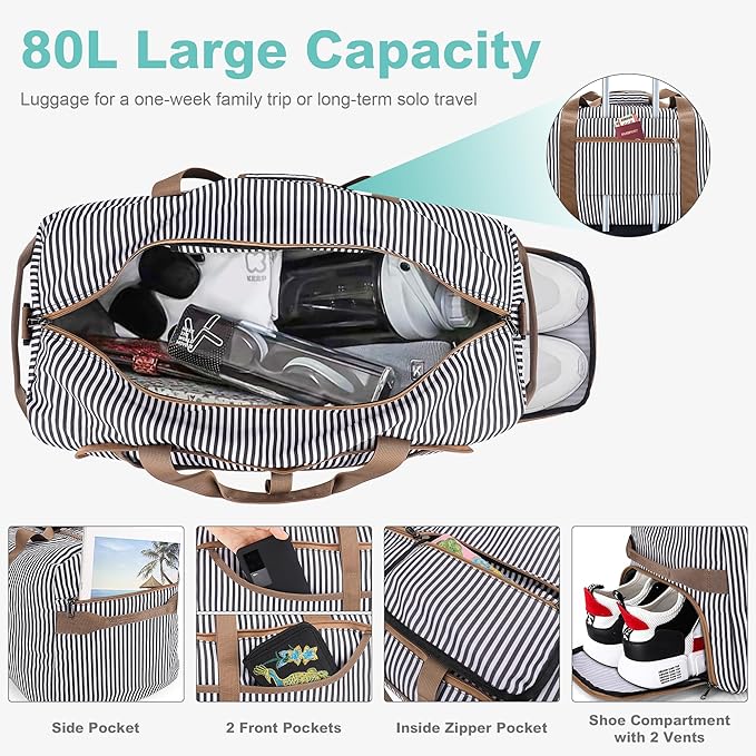 80L Duffle Bag for Travel, Large Foldable Waterproof Travel Duffel Bags Weekender Overnight Bag for Men and Women with Shoe Compartment (Stripe)