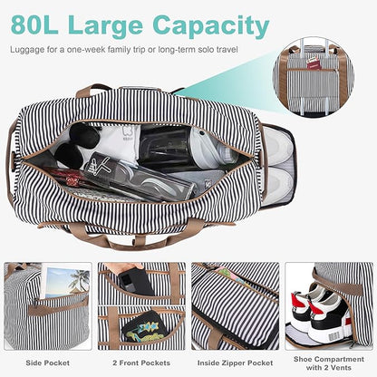 80L Duffle Bag for Travel, Large Foldable Waterproof Travel Duffel Bags Weekender Overnight Bag for Men and Women with Shoe Compartment (Stripe)