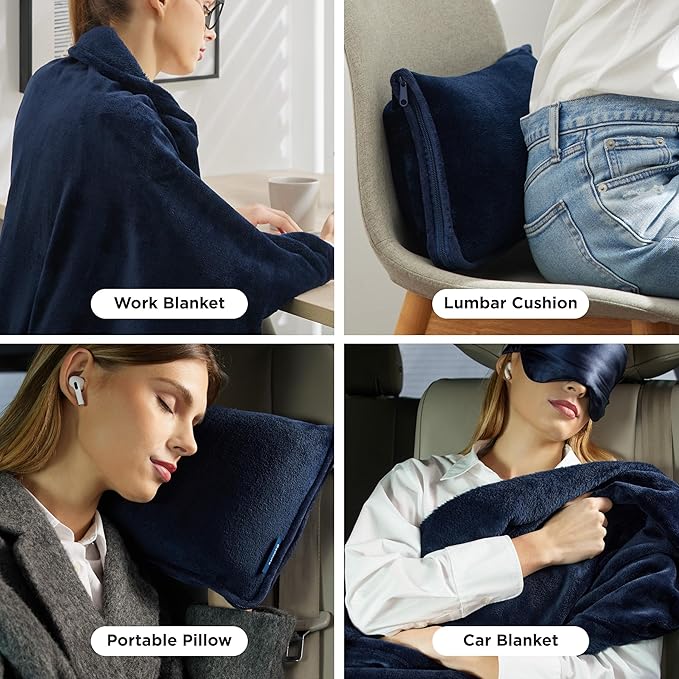Bedsure Travel Blanket Airplane Compact with Storage Bag, Packable Blanket with Eye Mask, Lightweight 2-in-1 Travel Essentials, Functioned as Pillow for Airplane Comfort and Warmth, Navy