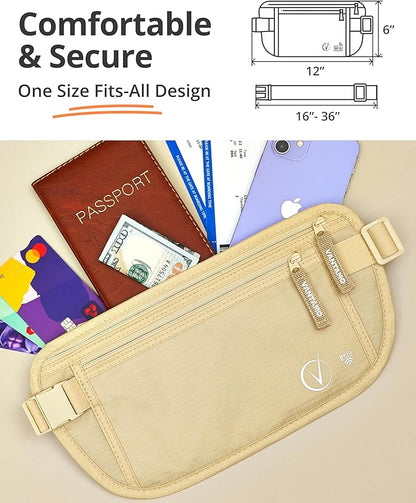 Vantamo Money Belt with RFID For Men & Women, Hidden Passport Holder for Travel, 2 Compartment Travel Fanny Pack for Women Anti Theft
