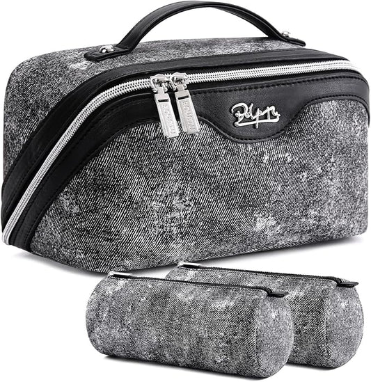 BOYATU Travel Makeup Bag Cosmetic Bags for Women: 3 Sets Large Capacity Make up Bag - Portable Toiletry Bags with Handle for Women(F-3-Black)