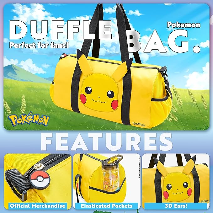 Pokemon Duffel Bag for Kids, Gym Bag Overnight Pikachu Sports Kit Holdall Bag Hand Luggage Bag - Gifts for Boys (Yellow 3D Ears)