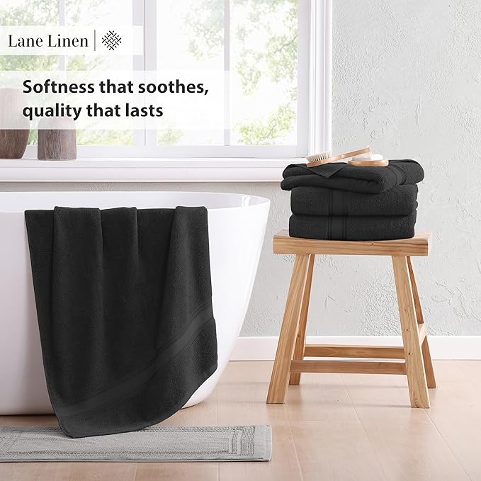 LANE LINEN 100% Cotton Bath Towels 4 Pack (30"x60") - Zero Twist, Mercerized Cotton Large Towel Set for Bathroom - Quick Dry, Soft & Absorbent Large Bath Towel Set - Oeko Tex Certified - Black Towels