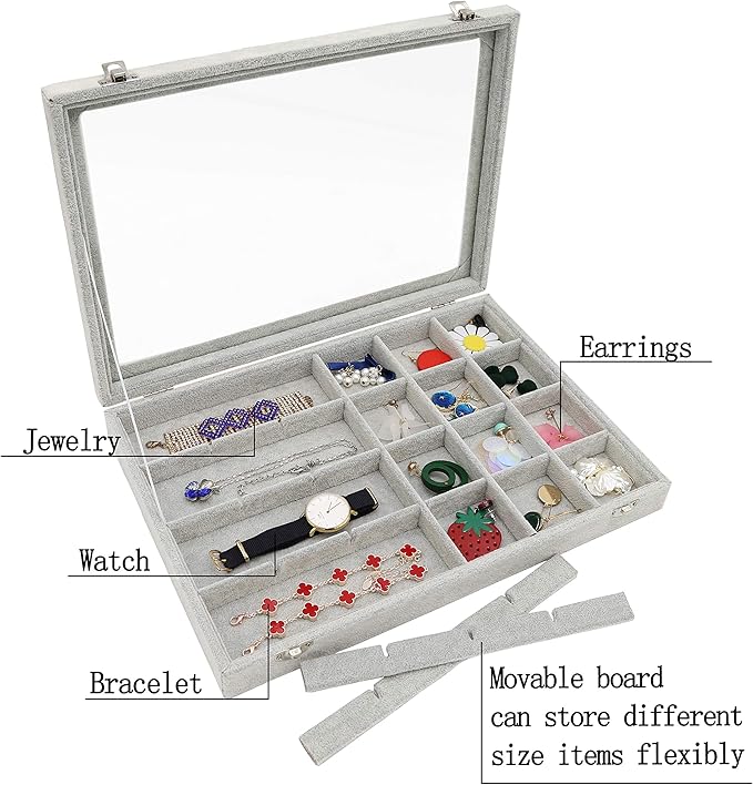 Stratalife Velvet Jewelry Organizer 24 Grid Jewelry Tray with Clear Glass Lid Display Showcase Storage Organizer Box for Earring Necklace Rings Dice Gray (24 Grids)
