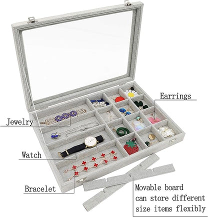 Stratalife Velvet Jewelry Organizer 24 Grid Jewelry Tray with Clear Glass Lid Display Showcase Storage Organizer Box for Earring Necklace Rings Dice Gray (24 Grids)