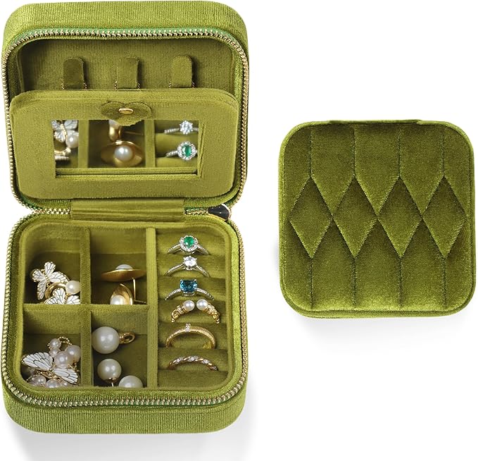Velvet Jewelry Box – Travel Jewelry Case Organizer with Mirror, Adjustable Compartments for Women | Luxury Storage Case & Gift for Her - MossGreen