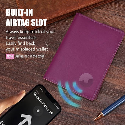 STAR VISTA Albatross Leather Travel Passport Holder, Minimalist Design, Calfskin Leather Case for Women and Men - Slim Passport Wallet, Bifold, RFID Blocking, with AirTag Holder, Violet