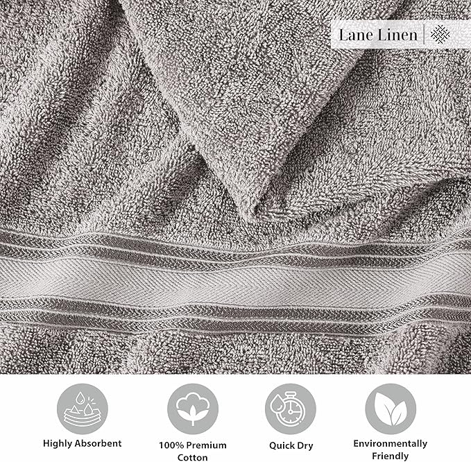 LANE LINEN 100% Cotton Bath Towels Set of 4 (28"x54") - Zero Twist, Mercerized Cotton Extra Large Bathroom Towel Sets - Quick Dry, Soft & Absorbent Grey Towels Set - Pre Shrunk, Fade Resistant - Grey