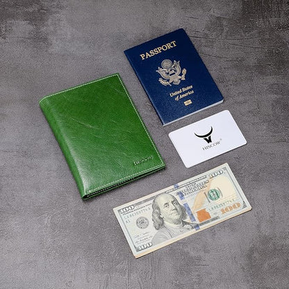 HISCOW Italian Leather Passport Holder for Travel - RFID Blocking Wallet Cover with Secure Organizer for Men & Women, US & Foreign Trips, Green Vegetable-Tanned Leather