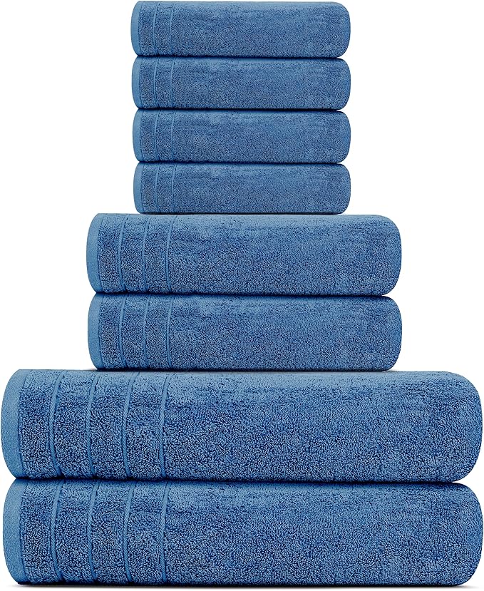 Tens Towels Pack of 8 Towels Set, 2 Extra Large Bath, 2 Hand, 4 Washcloths, 100% Cotton, Lighter Weight, Quicker to Dry, Super Absorbent, Perfect for Bathroom, Blue
