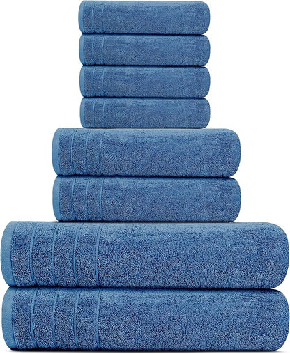 Tens Towels Pack of 8 Towels Set, 2 Extra Large Bath, 2 Hand, 4 Washcloths, 100% Cotton, Lighter Weight, Quicker to Dry, Super Absorbent, Perfect for Bathroom, Blue