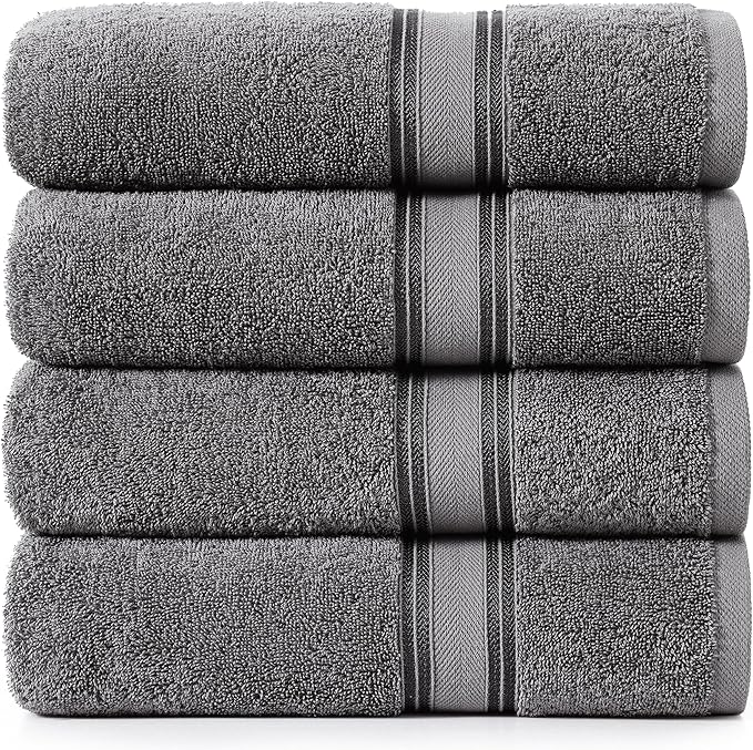 LANE LINEN 100% Cotton 4 Pack Bath Towels Set (28"x54") - Zero Twist, Large Cotton Towels for Bathroom - Quick Dry, Soft & Absorbent Bath Towel Set - Remains Soft After Multiple Washes - Cool Grey
