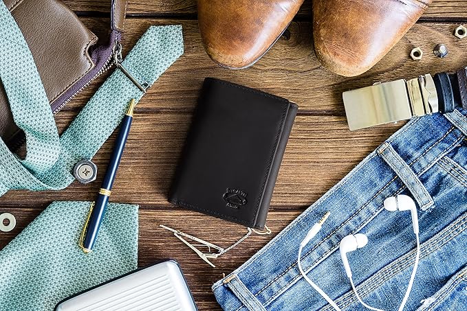 Stealth Mode Trifold Leather Wallet for Men with ID Holder and RFID Blocking (Black)