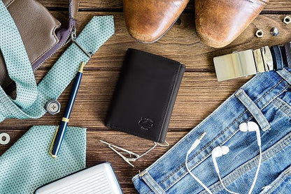 Stealth Mode Trifold Leather Wallet for Men with ID Holder and RFID Blocking (Black)