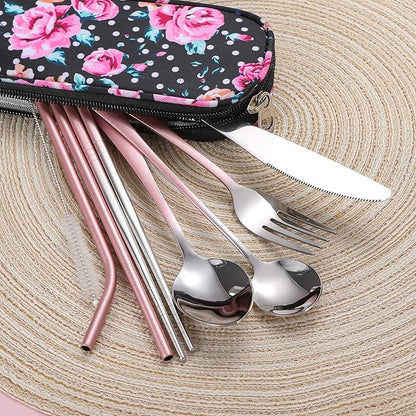 Travel Utensils,Reusable Silverware Set To Go Portable Cutlery Set with a Waterproof Carrying Case for Lunch Boxes Workplace Camping Picnic (GraPink)