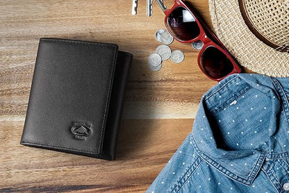 Stealth Mode Leather Trifold RFID Wallet For Men With Flip Out ID Holder