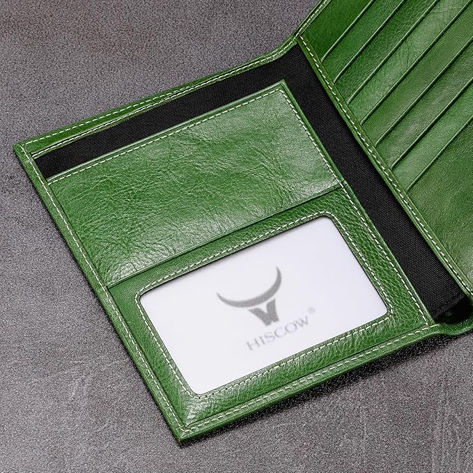 HISCOW Italian Leather Passport Holder for Travel - RFID Blocking Wallet Cover with Secure Organizer for Men & Women, US & Foreign Trips, Green Vegetable-Tanned Leather