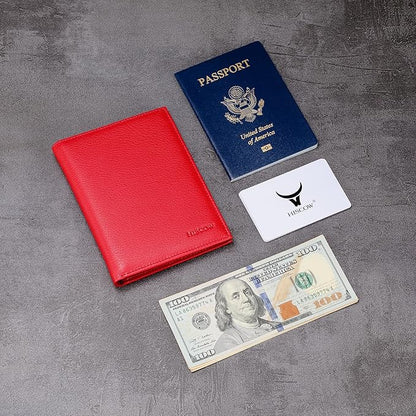 HISCOW Italian Leather Passport Holder for Travel - RFID Blocking Wallet Cover with Secure Organizer for Men & Women, US & Foreign Trips, Red