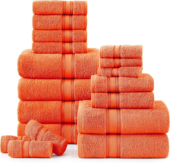 LANE LINEN Luxury Bath Towel Set of 18 – 100% Cotton, 6 Bath Towels, 6 Hand Towel & 6 Washcloths, Zero Twist, Remains Soft & Absorbent Even After Multiple Washes, Quick Dry - Tiger Lily