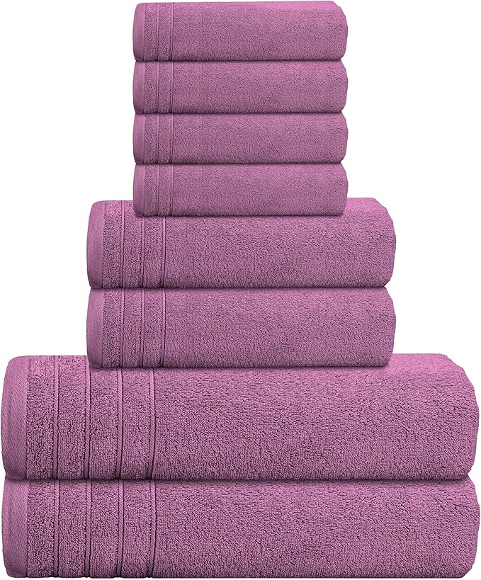Tens Towels Pack of 8 Towels Set, 2 Extra Large Bath, 2 Hand, 4 Washcloths, 100% Cotton, Lighter Weight, Quicker to Dry, Super Absorbent, Perfect for Bathroom, Purple