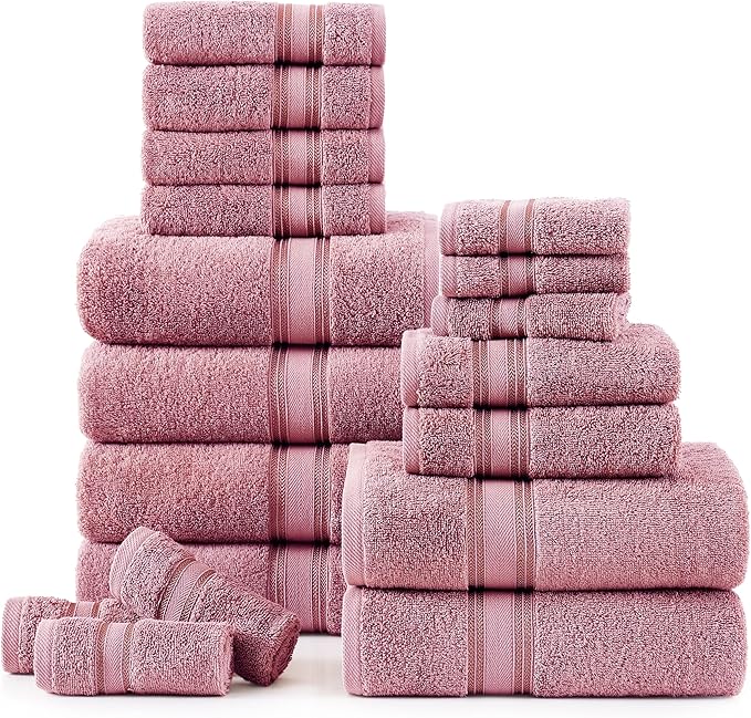 LANE LINEN Premium Bath Towel Set of 18 – 100% Cotton, 6 Bath, 6 Hand Towels & 6 Washcloths, Zero Twist, Ultra Soft & Durable, Quick-Dry, Ideal for Spa, Hotel & Everyday Use – Wishful Mauve