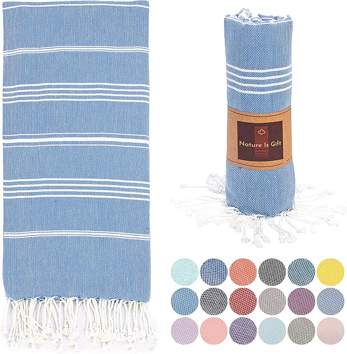 Beach Towel 100% Cotton Turkish Beach Towel Adult 38x70 Inch Pre-washed Absorbent Extra Large|Sand Free Quick Dry BathTowels|Lightweight Blanket|Travel Cruise Camping Spa Gym Towels|Directoire Blue
