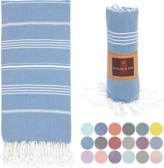 Beach Towel 100% Cotton Turkish Beach Towel Adult 38x70 Inch Pre-washed Absorbent Extra Large|Sand Free Quick Dry BathTowels|Lightweight Blanket|Travel Cruise Camping Spa Gym Towels|Directoire Blue
