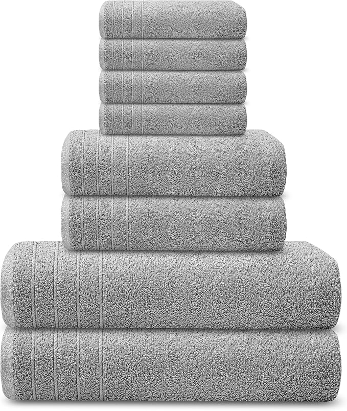 Tens Towels Pack of 8 Towels Set, 2 Extra Large Bath, 2 Hand, 4 Washcloths, 100% Cotton, Lighter Weight, Quicker to Dry, Super Absorbent, Perfect for Bathroom, Cool Grey