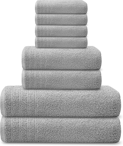 Tens Towels Pack of 8 Towels Set, 2 Extra Large Bath, 2 Hand, 4 Washcloths, 100% Cotton, Lighter Weight, Quicker to Dry, Super Absorbent, Perfect for Bathroom, Cool Grey
