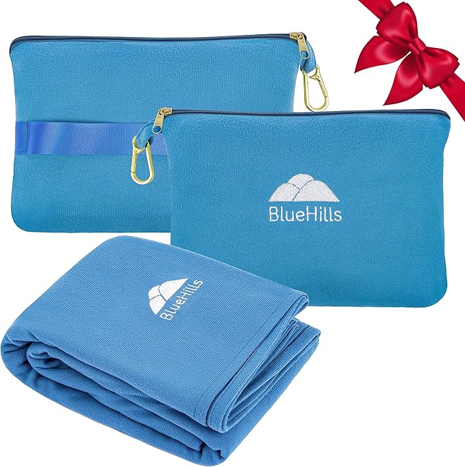 BlueHills Travel Blanket Pillow Compact Lightweight Pocket Size Airplane Traveling Essential Flight Trip Throw in Bag Portable Case Plane Accessory Teal Blue L03
