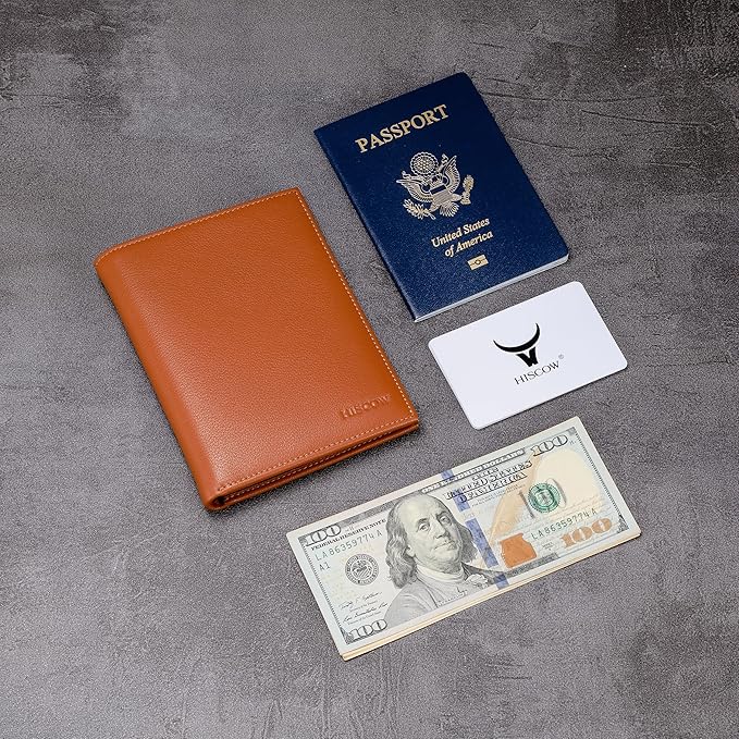 HISCOW Italian Leather Passport Holder for Travel - RFID Blocking Wallet Cover with Secure Organizer for Men & Women, US & Foreign Trips, Tan