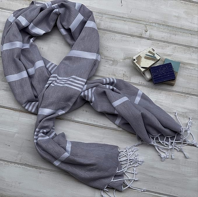 Beach Towel 100% Cotton Turkish Beach Towel Adult 38x70 Inch Pre-washed Absorbent Extra Large|Sand Free Quick Dry BathTowels|Lightweight Blanket|Travel Cruise Camping Spa Gym Towel|Gray Pinstripe