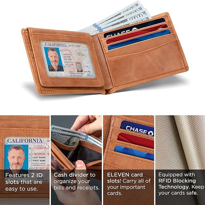 SERMAN BRANDS 2 ID Window Wallet for Men RFID Blocking Leather, Bifold Top Flip, Extra Capacity Travel Wallet
