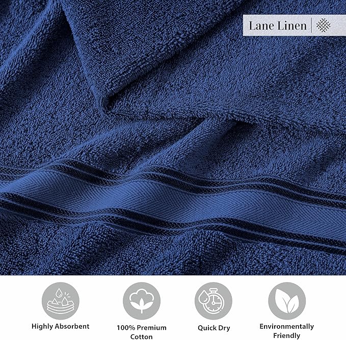 LANE LINEN 100% Mercerized Cotton Bath Towel Set of 18 – Zero Twist Shower Towels, 6 Bath, 6 Hand Towel & 6 Washcloths, Quick-Dry, Luxuriously Soft & Durable, Perfect for Everyday use – Navy