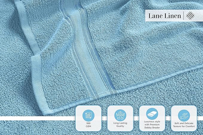 LANE LINEN Luxury Bath Towel Set - 6 Piece Set, 100% Cotton Bathroom Towel, Zero Twist, Quick Dry Shower Towels, Extra Soft Absorbent, 2 Bath, 2 Hand, 2 Wash Cloths - Blue