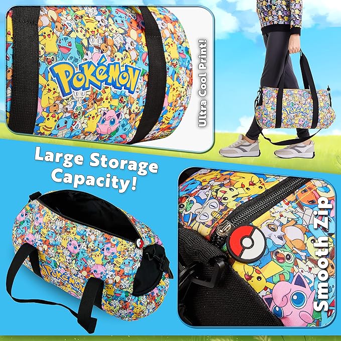 Pokemon Pikachu Duffel Kids Travel Bag - Gym Sports Overnight Holdall with Adjustable Strap & Pockets