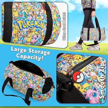 Pokemon Pikachu Duffel Kids Travel Bag - Gym Sports Overnight Holdall with Adjustable Strap & Pockets