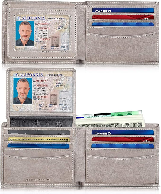 SERMAN BRANDS 2 ID Window Wallet for Men RFID Blocking Leather, Bifold Top Flip, Extra Capacity Travel Wallet