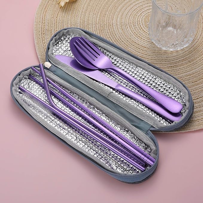 Portable Stainless Steel Flatware Set, Travel Camping Cutlery Set, Portable Utensil Travel Silverware Dinnerware Set with a Waterproof Case (Light Purple)