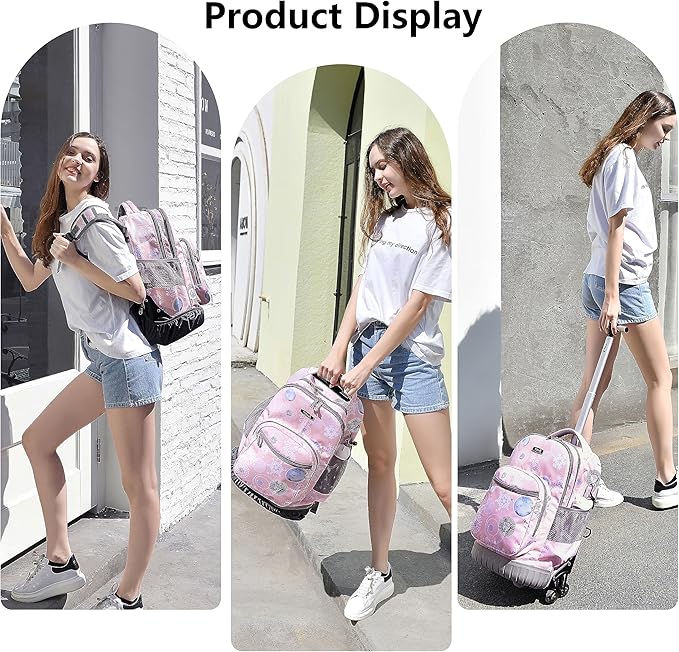 NEW TILAMI 18 Inch Rolling Backpack with Wheels for Girls Boys Kids Laptop Backpack School Travel, Pink Love key