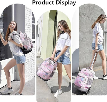 NEW TILAMI 18 Inch Rolling Backpack with Wheels for Girls Boys Kids Laptop Backpack School Travel, Pink Love key