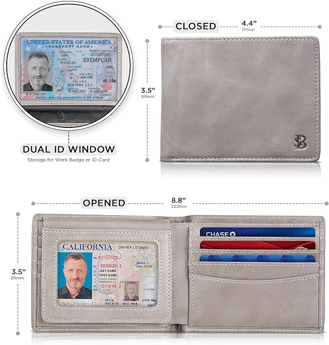 SERMAN BRANDS 2 ID Window Wallet for Men RFID Blocking Leather, Bifold Top Flip, Extra Capacity Travel Wallet