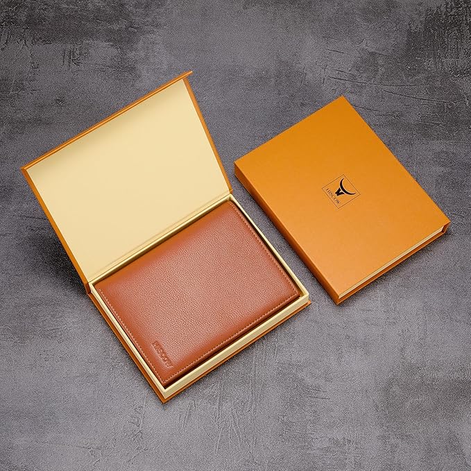 HISCOW Italian Leather Passport Holder for Travel - RFID Blocking Wallet Cover with Secure Organizer for Men & Women, US & Foreign Trips, Tan